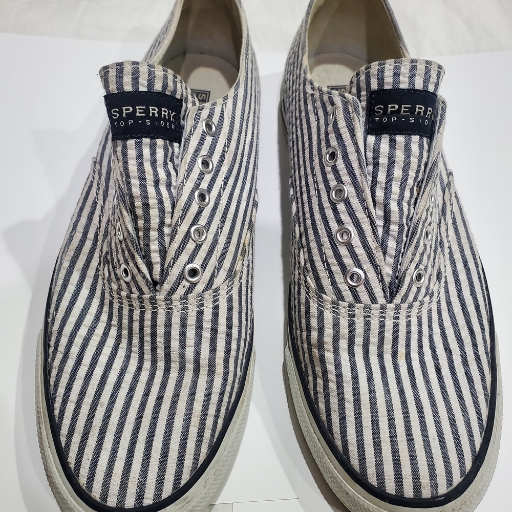 Sperry Navy and White Striped Slip-On Flats